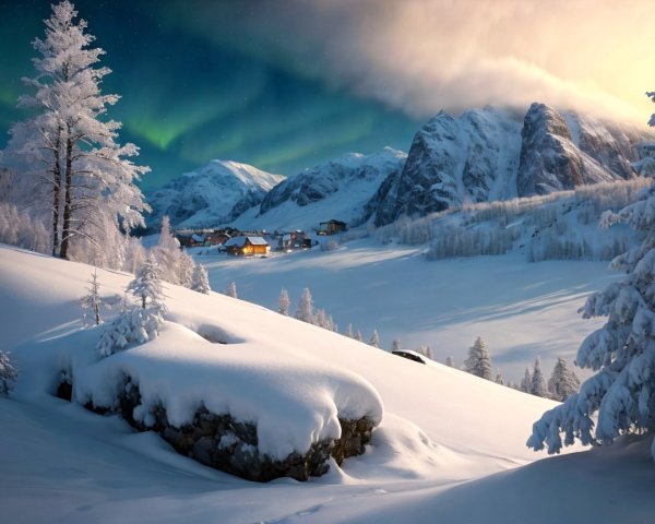 Snow-Covered Mountain Village with Aurora Borealis