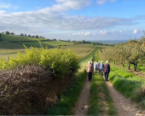 Vineyard Path with Orchard and Hills Under Blue Sky