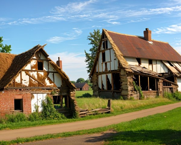 Dilapidated Houses on a Dirt Road Surrounded by Grass