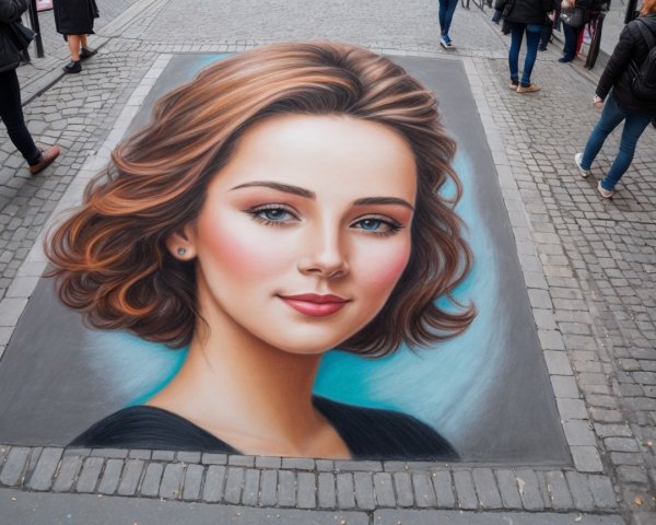 Vibrant Street Chalk Art of a Young Woman with Blue Eyes