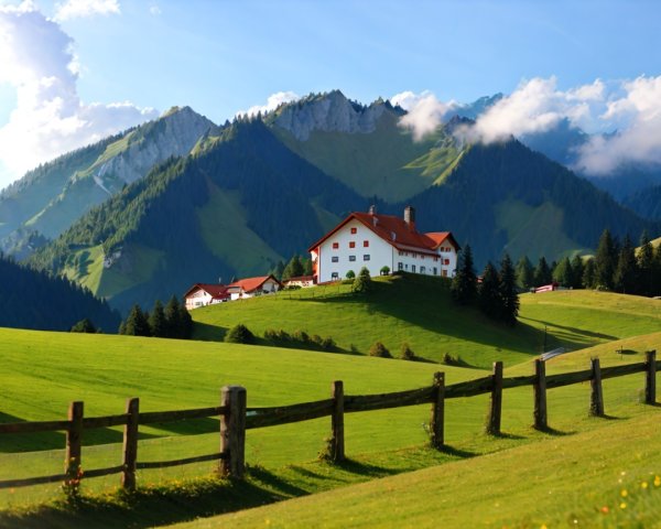 Charming White House on a Green Hill with Mountains