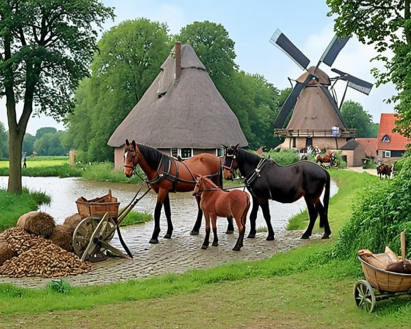 Serene Countryside Scene with Horses and Cottage
