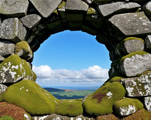 Stone Archway with Scenic Hills and Sky View