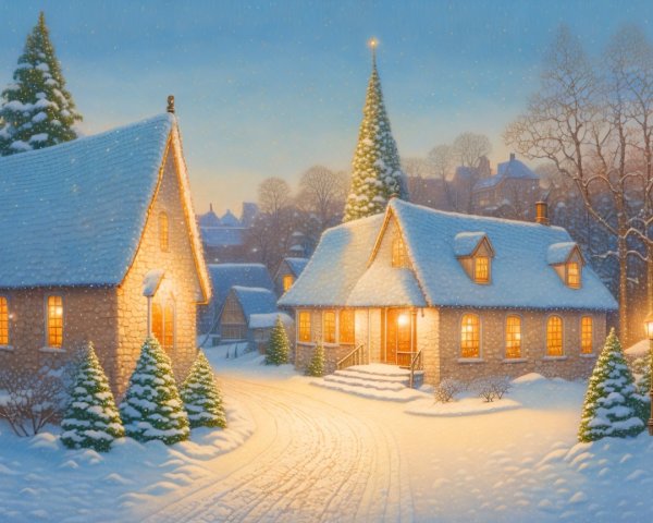 Charming Winter Scene with Snowy Cottages and Lights