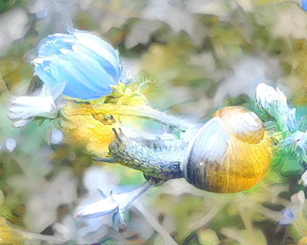 Impressionistic Painting of a Snail and Flowers