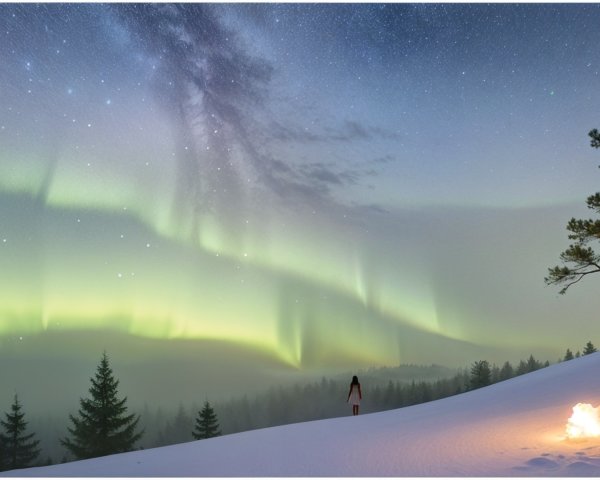 Winter Landscape with Auroras and Snowy Hill