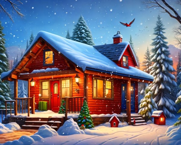 Red Cabin Surrounded by Snowy Evergreens at Sunset