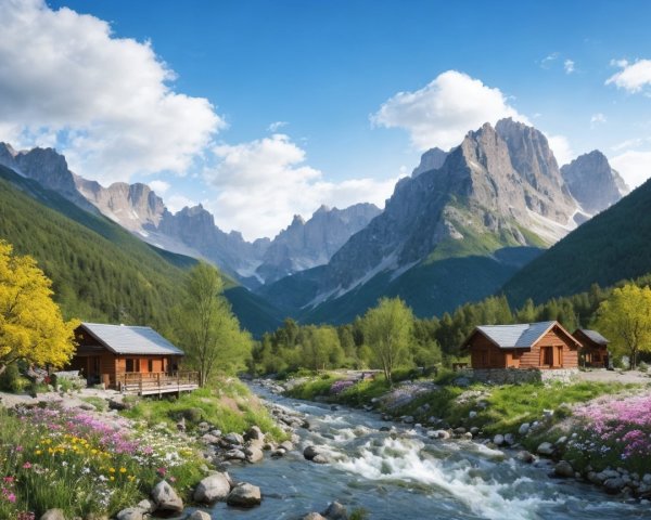 Serene Landscape with Cabins by a Flowing River