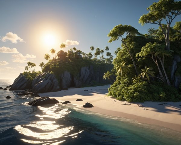 Tropical Landscape with Rocky Shoreline and Sunset