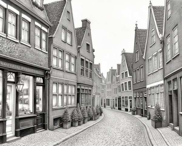 Black and white watercolor of Dutch cobbled street scene