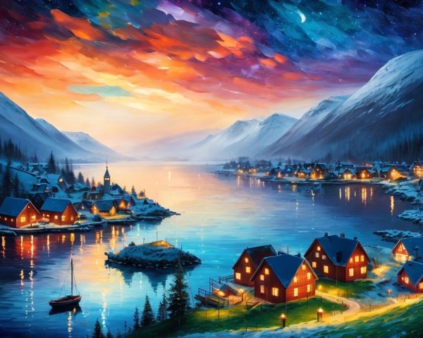 Snow-Covered Norwegian Fishing Village at Dusk