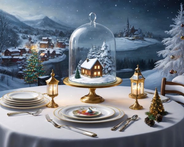 Snowy Indoor Christmas Dining Scene with Village Backdrop