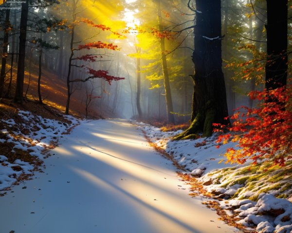 Woodland Pathway in Golden Sunlight and Snow