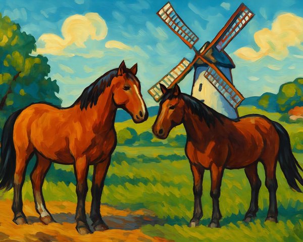Brown Horses on Dirt Path with Windmill and Landscape
