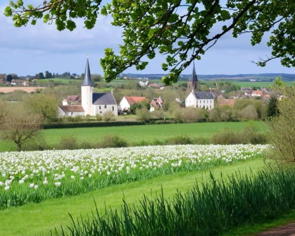 Picturesque Rural Landscape with Churches and Flowers