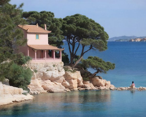 Panoramic View of a Two-Story Pink House on Cliff