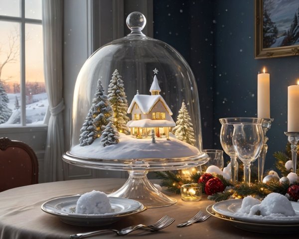 Indoor Table Decorated with Snow Globe and Candles