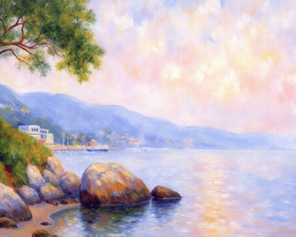 Serene Landscape with Shoreline and Colorful Pebbles