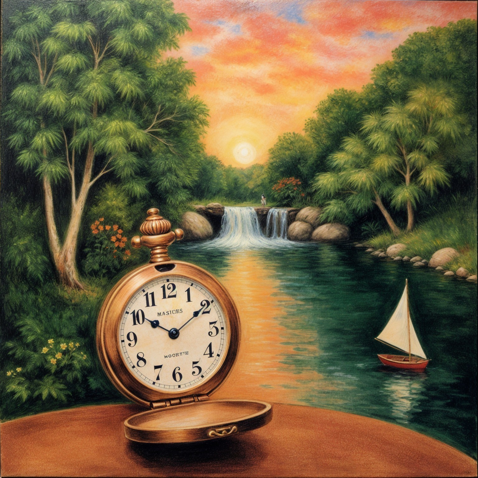 Tranquil River Landscape with Antique Pocket Watch