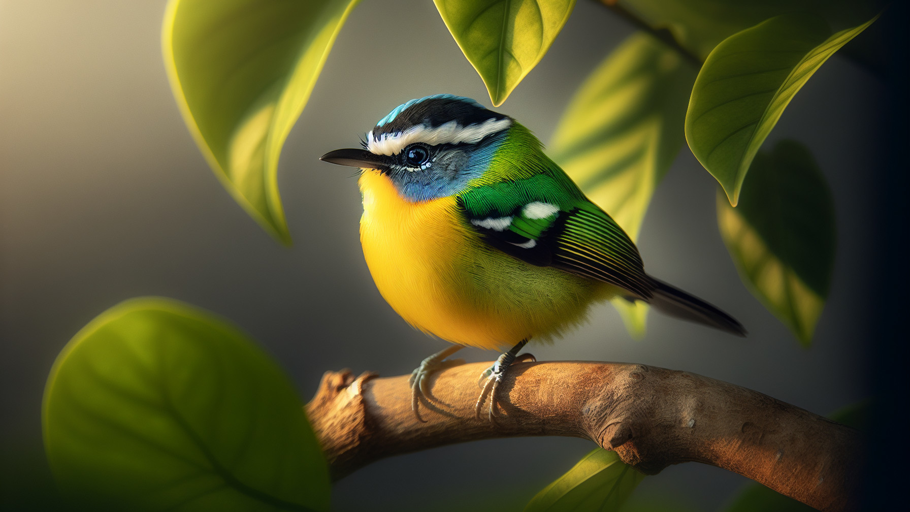 Vibrant Tropical Bird on Branch with Lush Green Leaves