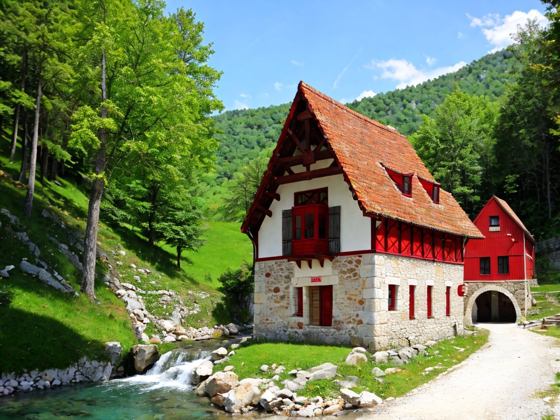 Charming Red-Roofed House by a Clear Stream