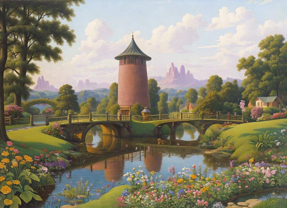 Serene Landscape with Pink Tower and Reflective Pond
