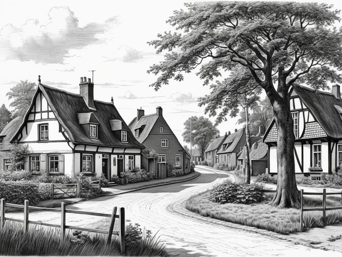 Picturesque Village with Thatched-Roof Cottages