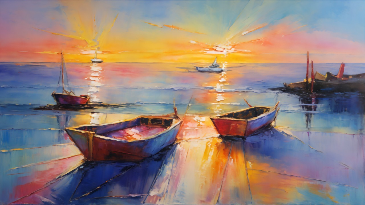 Vibrant Sunset Over Colorful Boats and Serene Waters