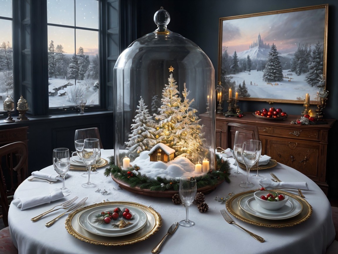 Festive Christmas Dining Table with Miniature Village Scene