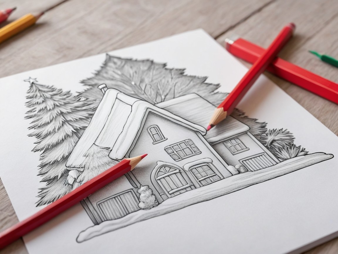 Black-and-white sketch of a cozy house and trees