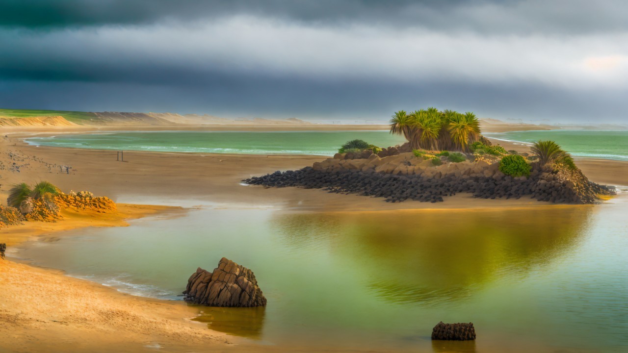 Serene Coastal Scene with Island and Lush Palm Trees