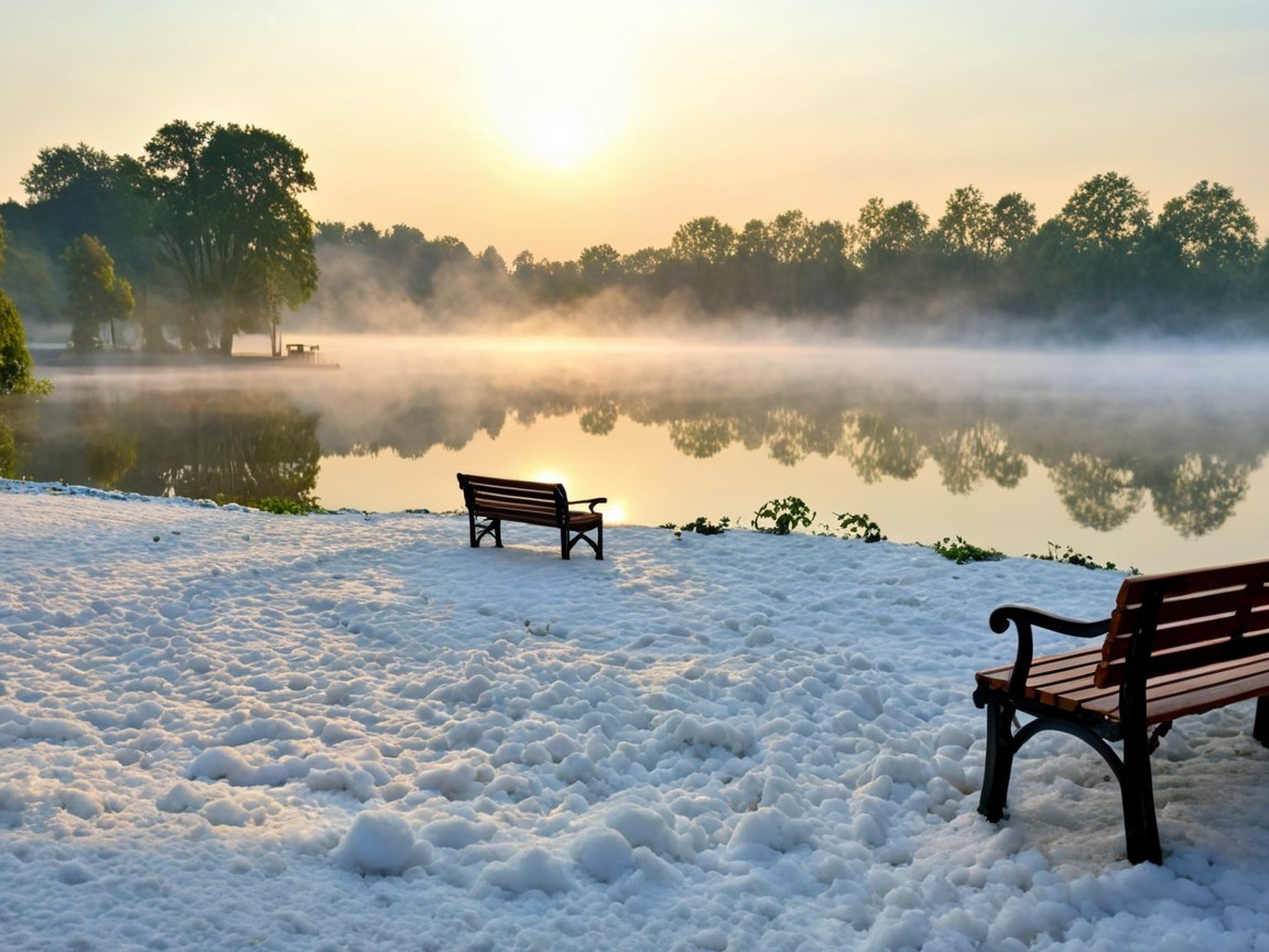 Serene Lakeside Sunrise with Fog and Snow-Covered Shore