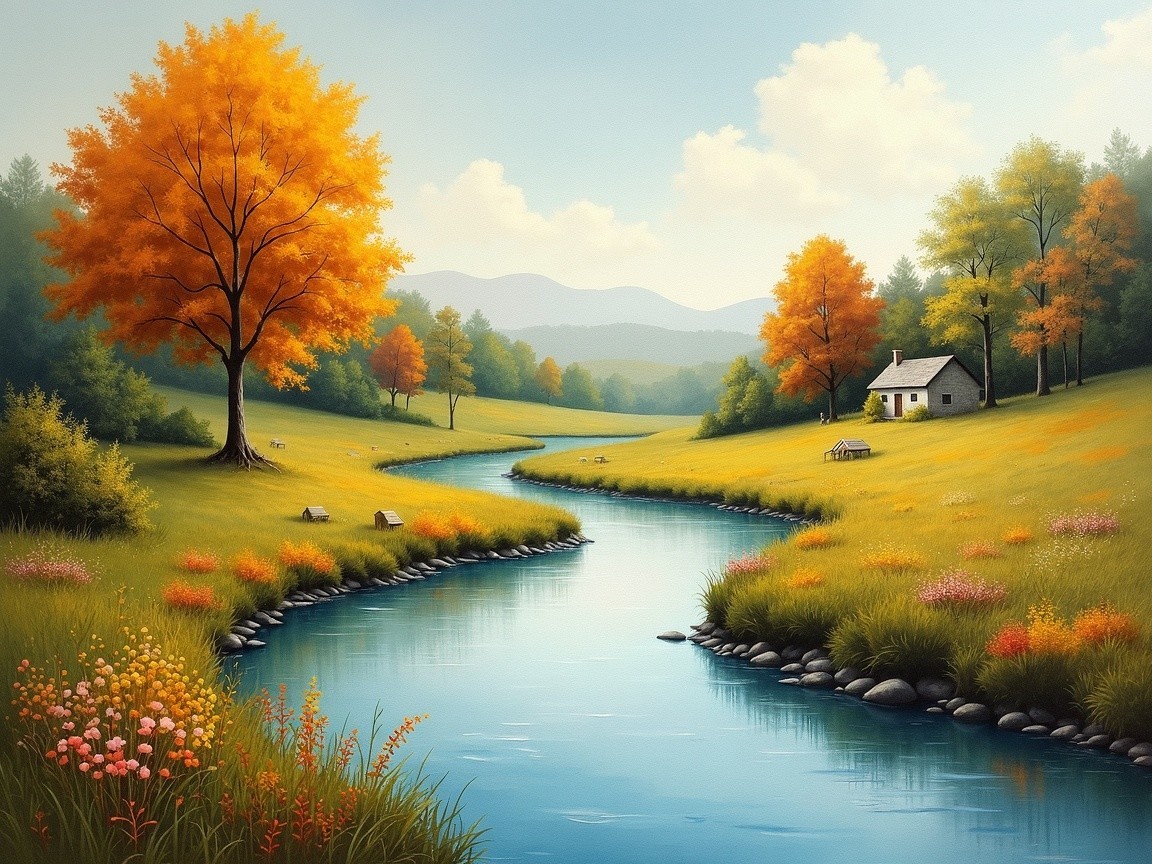Serene Autumn Landscape with River and Mountains