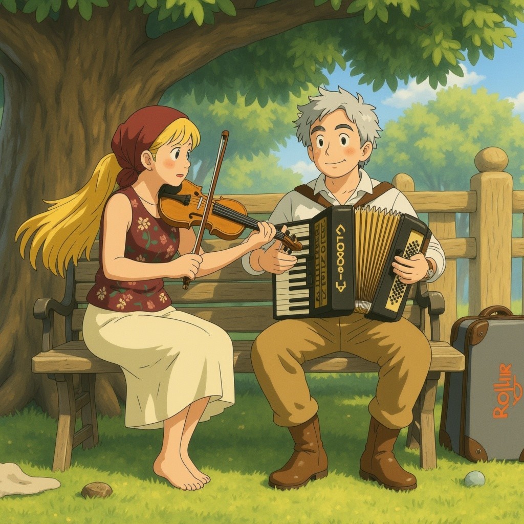 Young Woman Playing Violin and Young Man with Accordion