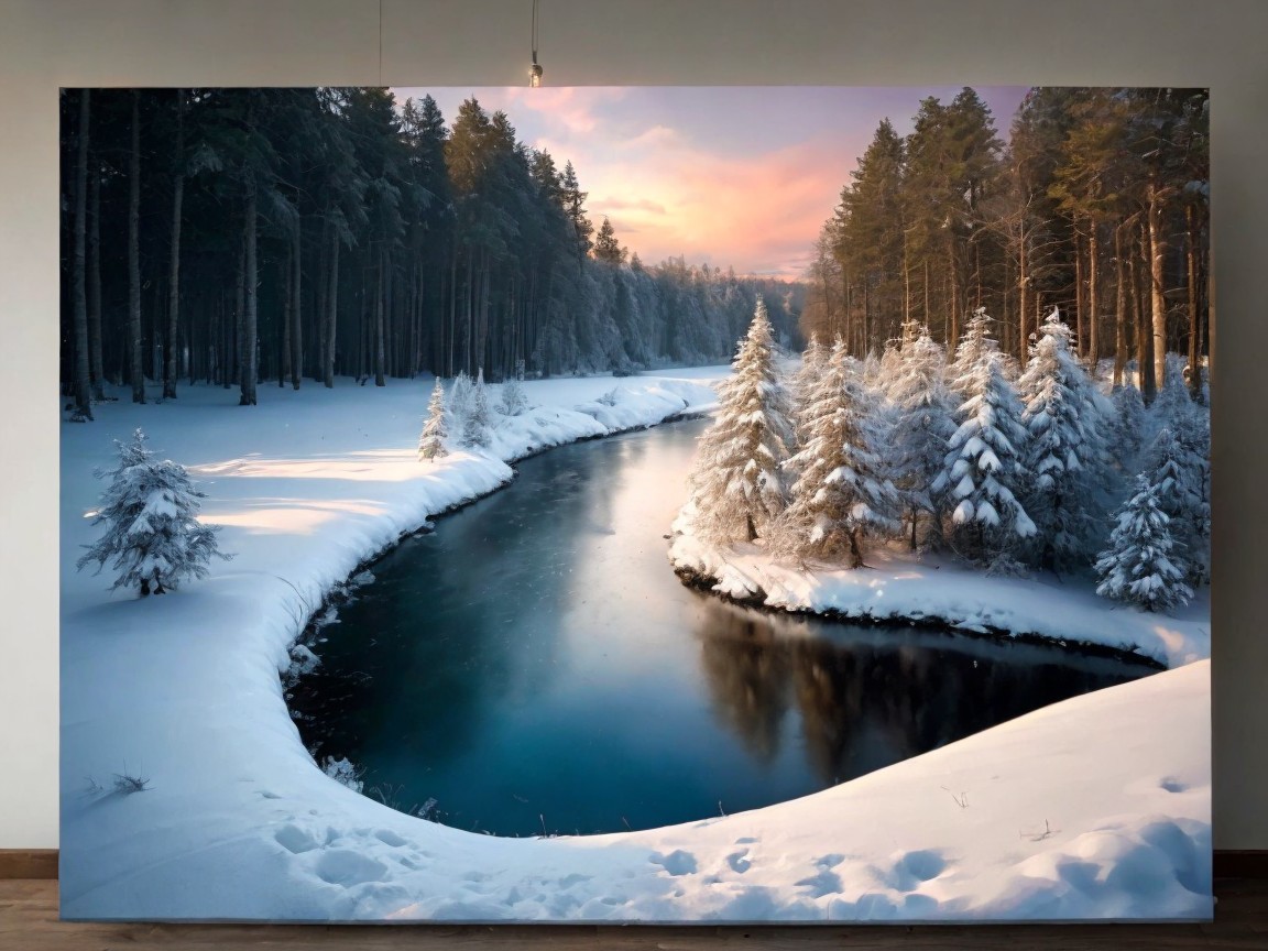Serene Winter Landscape with Winding River and Snow