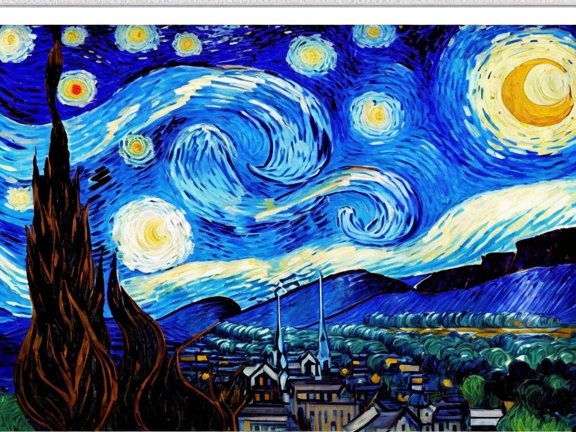 Vibrant Night Sky with Crescent Moon over Village