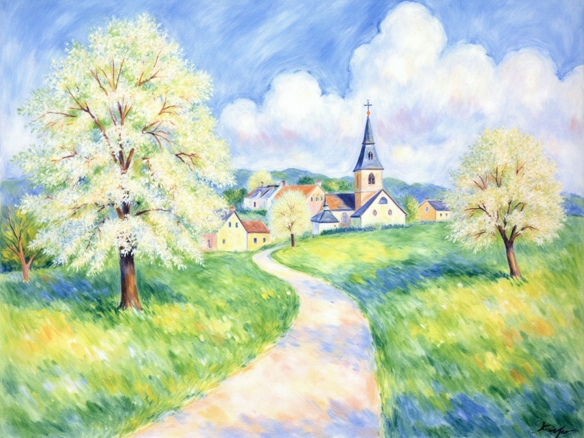 Serene Landscape with Winding Path and Village View