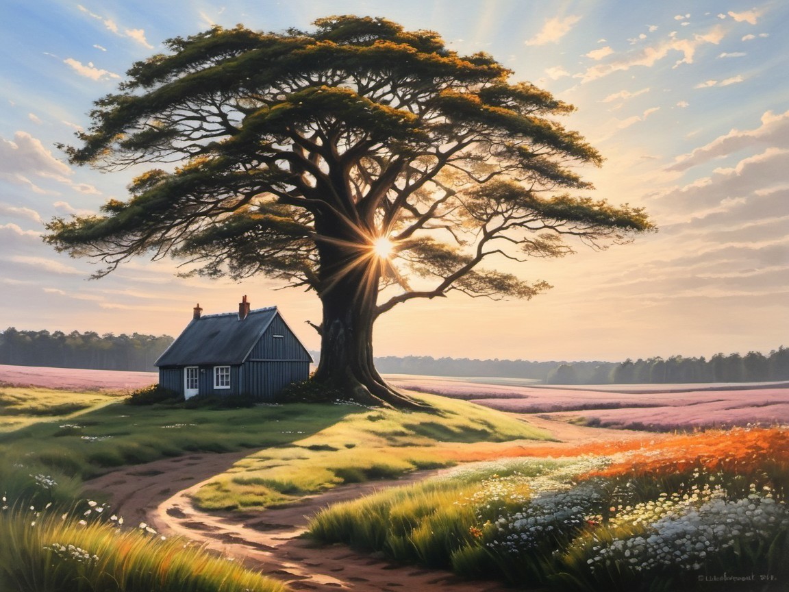 Rustic Blue Cottage Under Grand Tree in Vibrant Nature