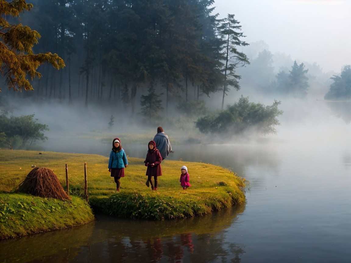 Serene Morning Scene at a Misty Lake with Explorers