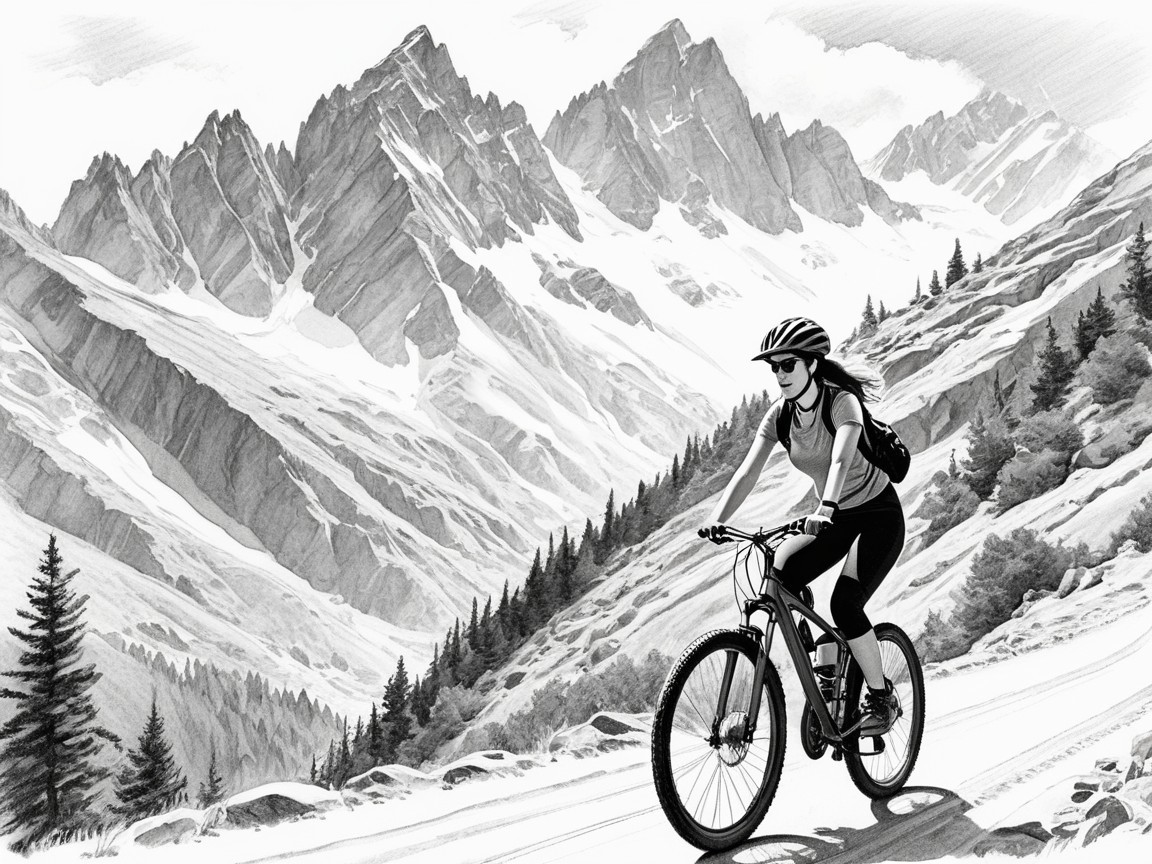 Cyclist on Mountain Trail in Black-and-White Sketch