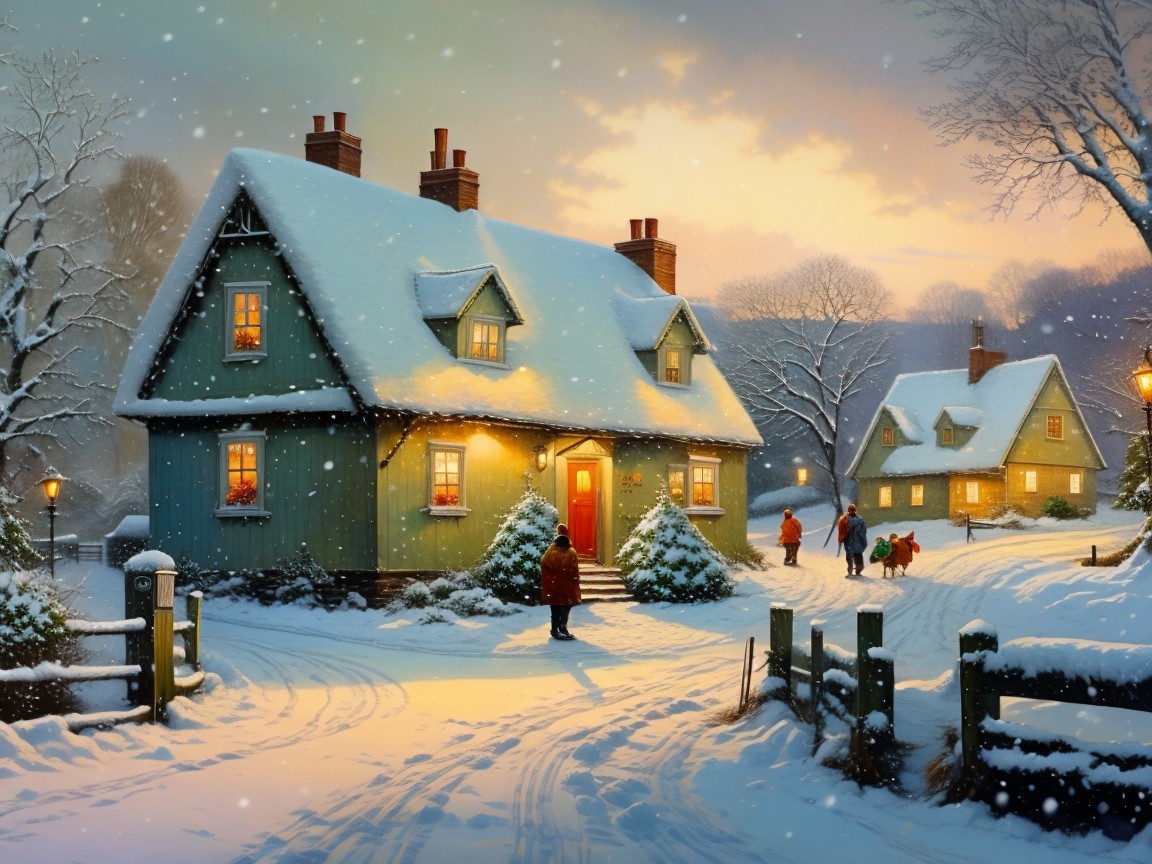Snowy Cottage Scene with Warm Light and Festive Atmosphere