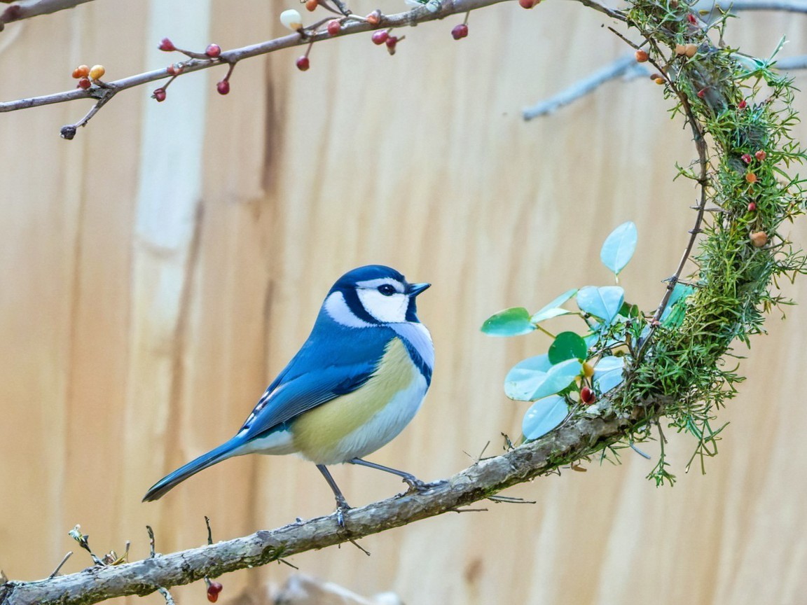 Blue Tit Bird on Branch with Moss and Berries