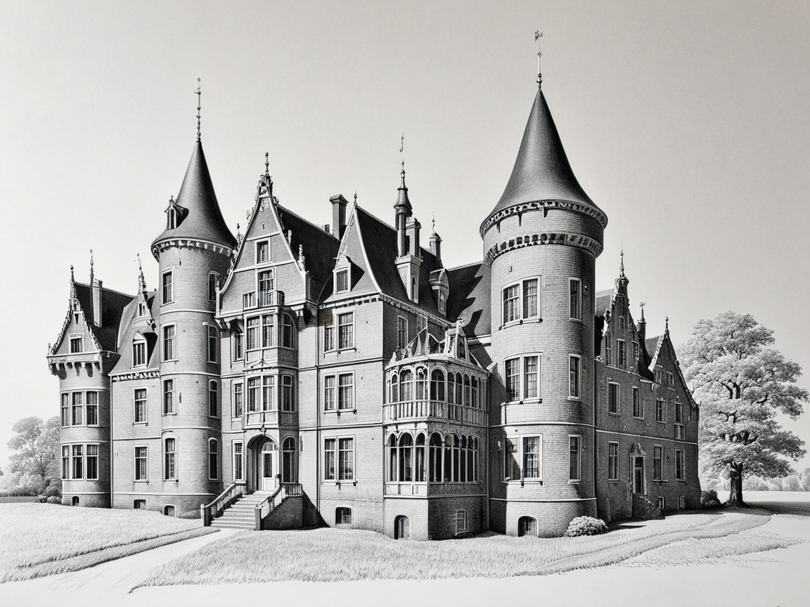 Detailed Gothic castle with spires and manicured grounds