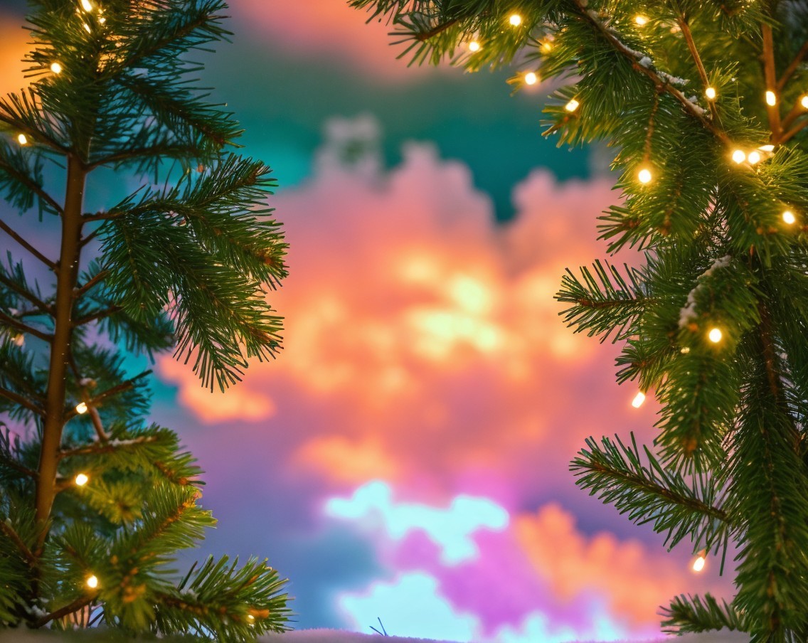 Tranquil Winter Scene with Evergreen and Vibrant Clouds