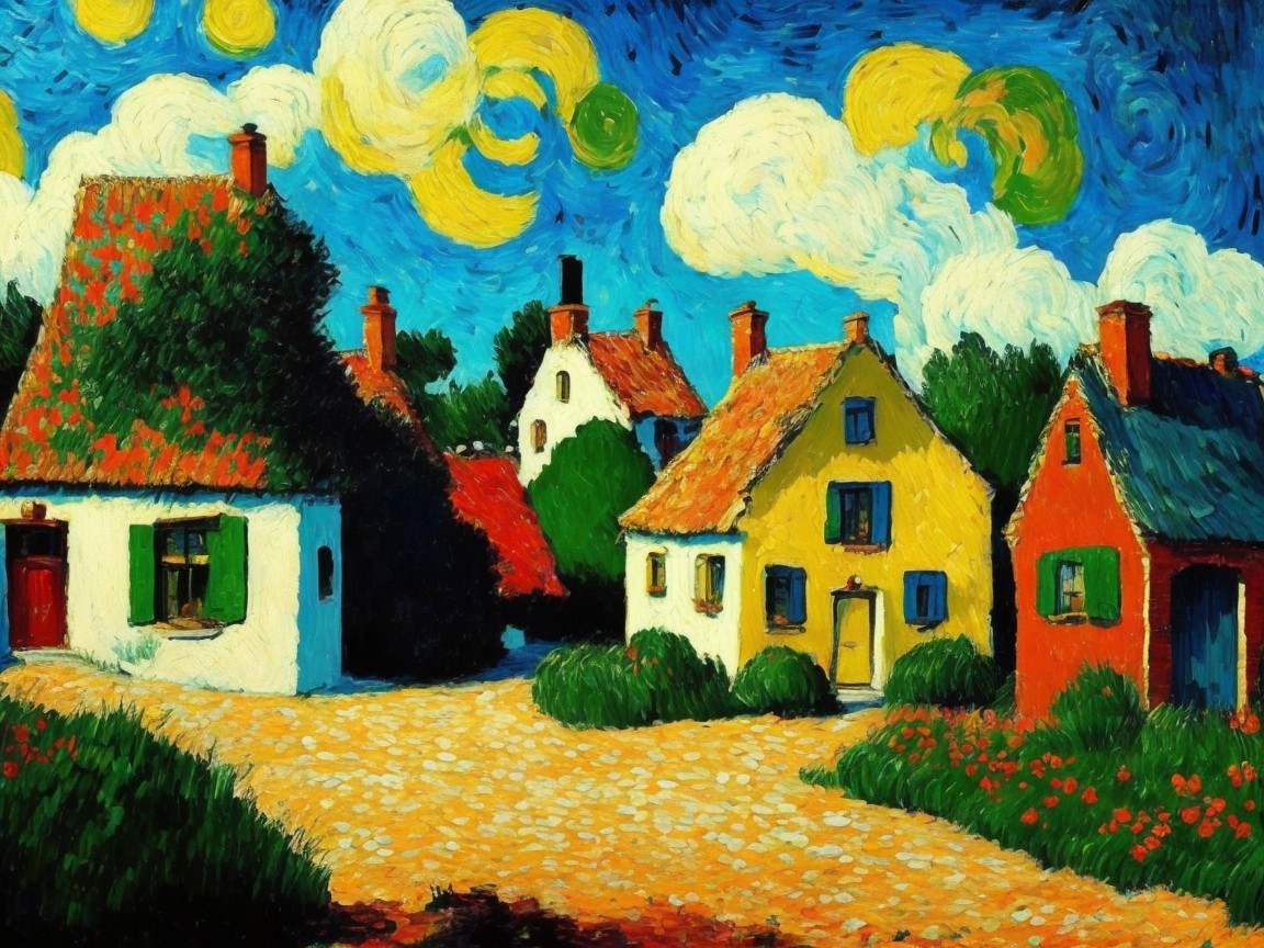 Vibrant Sky Over Quaint Village with Colorful Houses