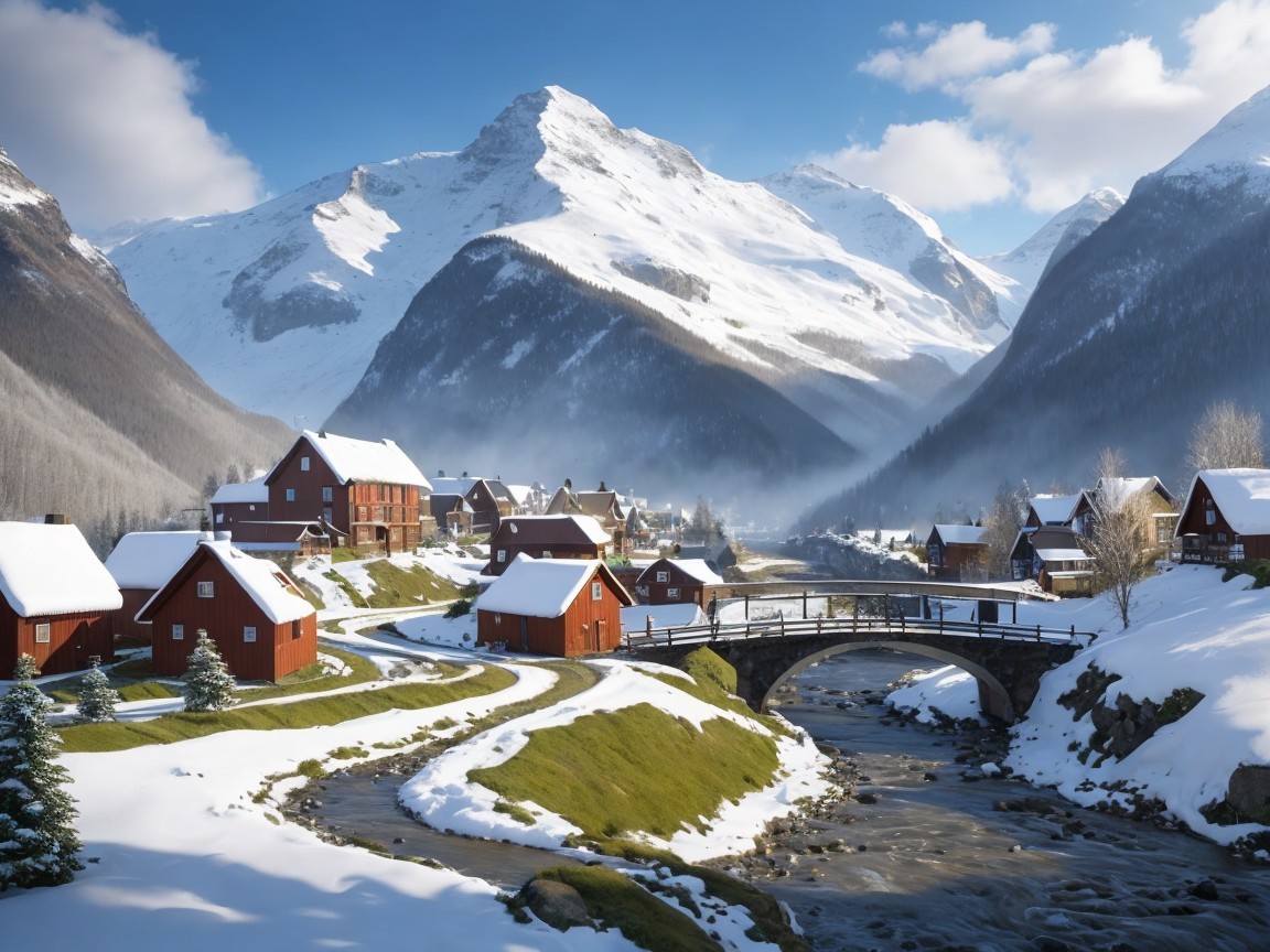 Winter Landscape with Red Cottages and Mountains