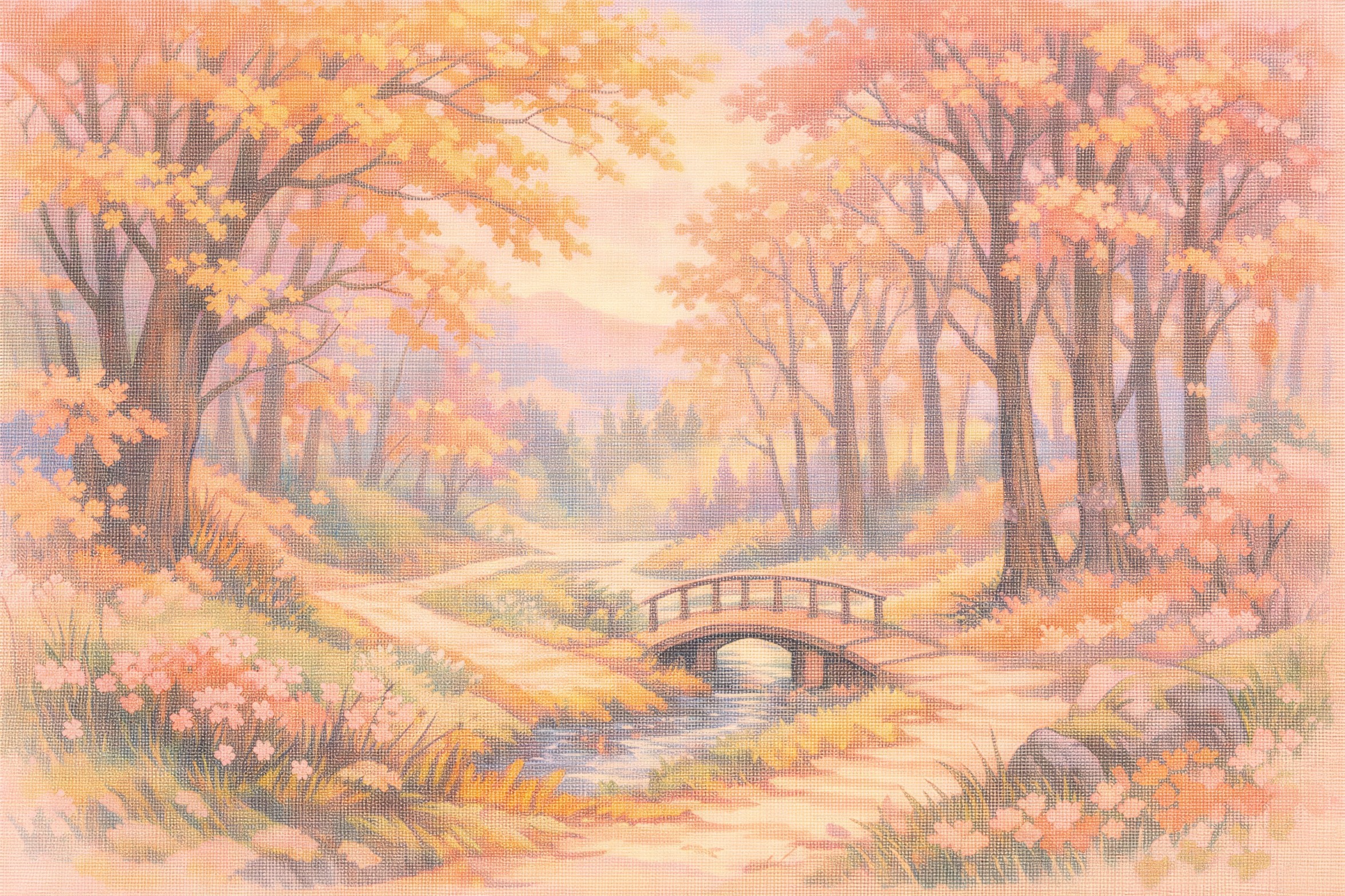 Autumn Forest Scene with Pastel Hues and Stream