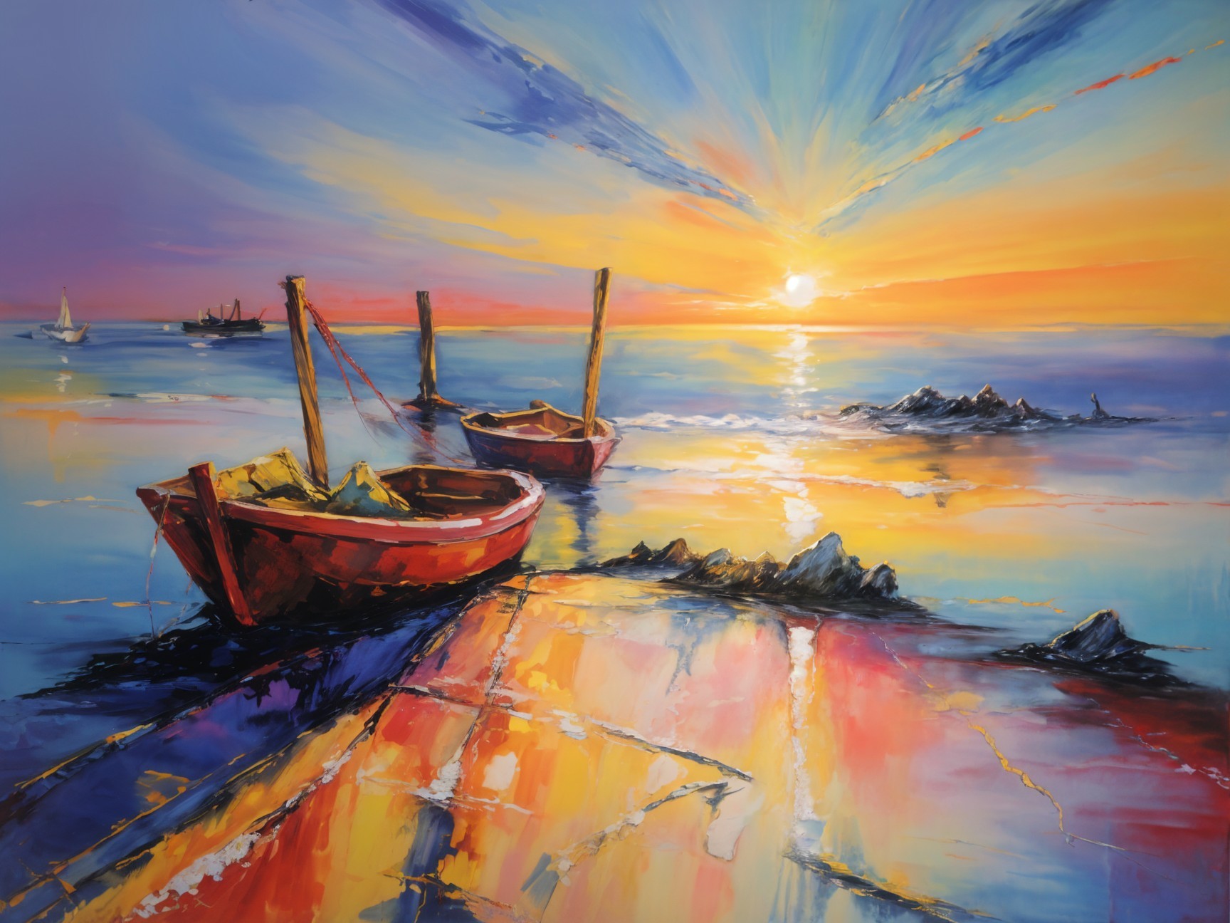 Vibrant Sunset Over Tranquil Seascape with Boats