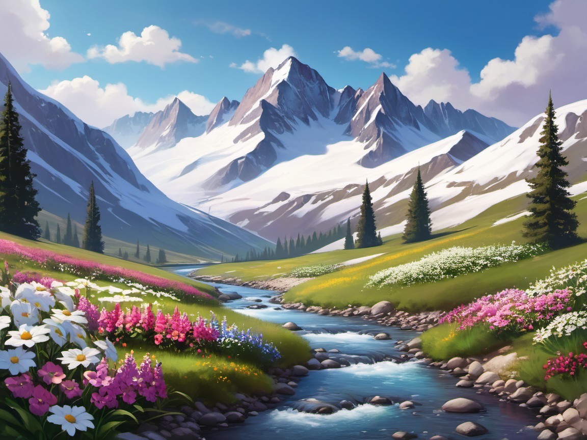 Vibrant Landscape with River and Snow-Capped Mountains