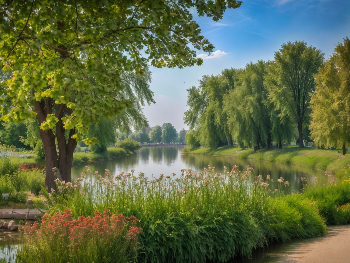 Serene Park Landscape with Calm River and Greenery